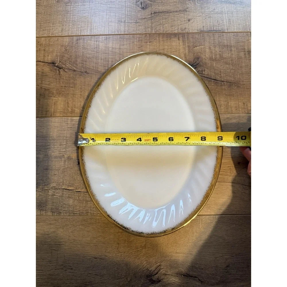 Vintage Anchor Hocking Fire King Milk Glass Gold Rim Swirl Oval Platter 12x9